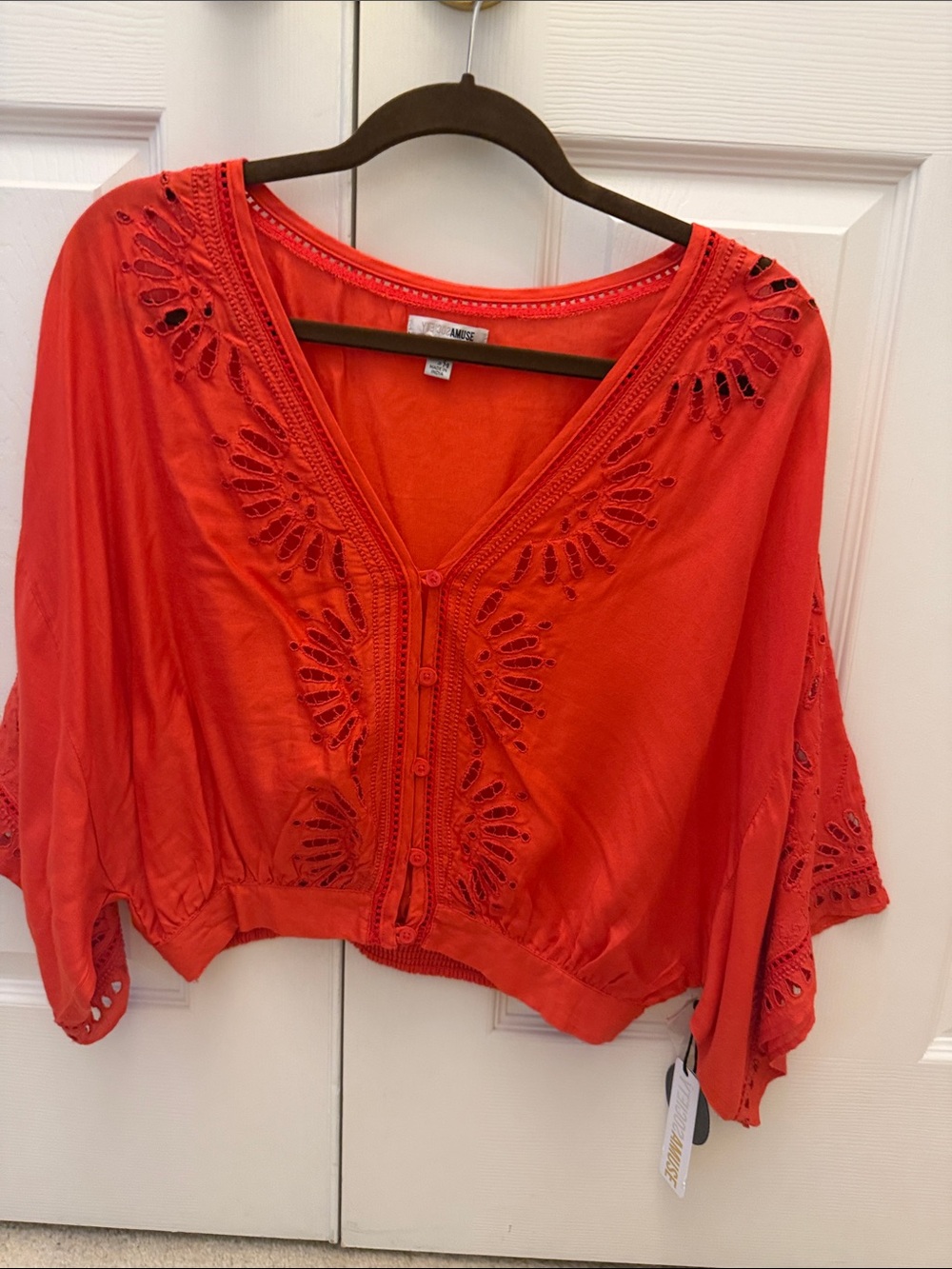Amuse Society Coral-Red Embroidered Button-Front Tunic